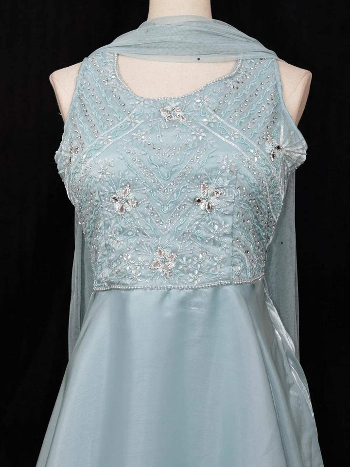 Light Blue Gown with Beads, Mirror Floral Design - Diadem