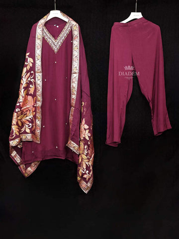 Burgundy Crepe Straight Cut Salwar Suit Adorned with Floral Embroidery Paired with Dupatta - Diadem