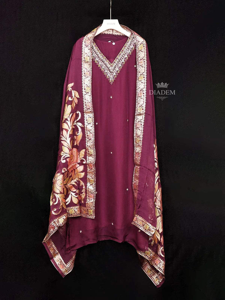 Burgundy Crepe Straight Cut Salwar Suit Adorned with Floral Embroidery Paired with Dupatta - Diadem