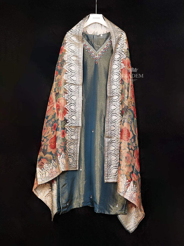 Peacock Blue Tissue Straight Cut Salwar Suit Adorned with Floral Embroidery, Paired with Dupatta - Diadem