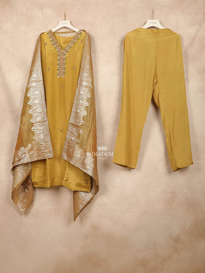 Yellow Straight Cut Salwar Suit Adorned with Embroided Floral Design with Dupatta - Diadem