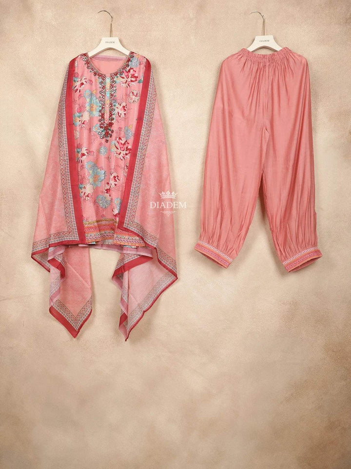 Pink Straight Cut Salwar Suit Adorned with Embroidery and Floral Print Design with Dupatta - Diadem