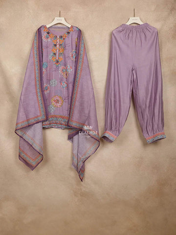 Purple Straight Cut Salwar Suit for Women Adorned with Floral Prints and Mirror Design and paired with Dupatta - Diadem