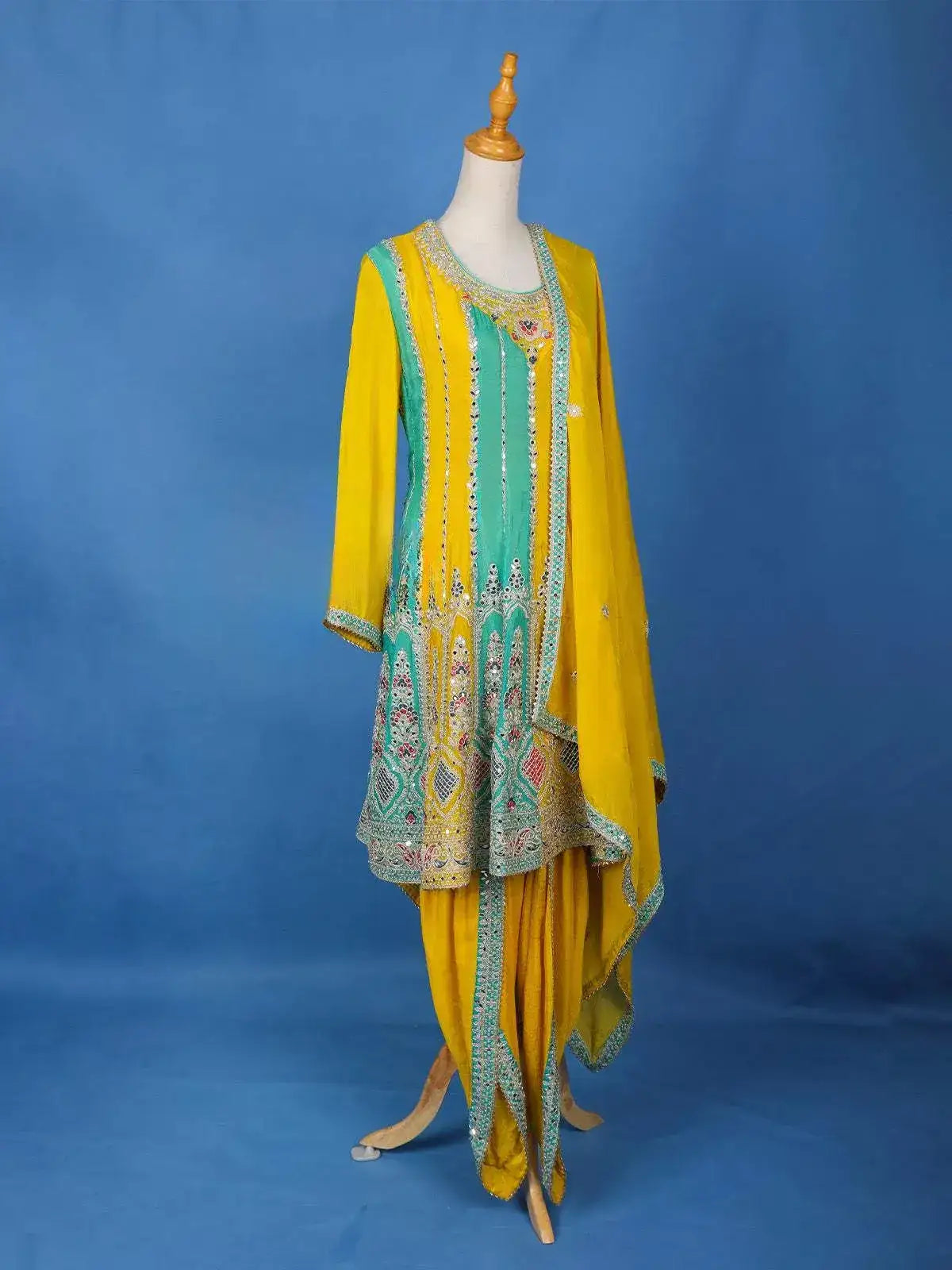 Yellow and Sea Green Dhoti Salwar Suit Online Diadem