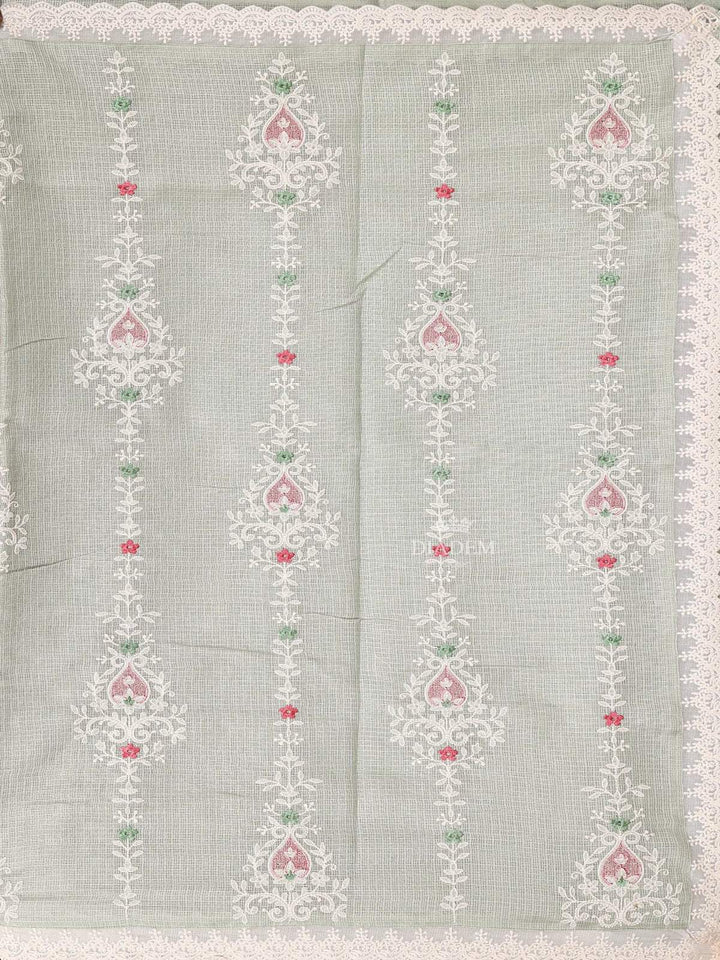 Light Green Tissue Banarasi Saree with Chikankari work on the Body and Floral Lace Border - Diadem