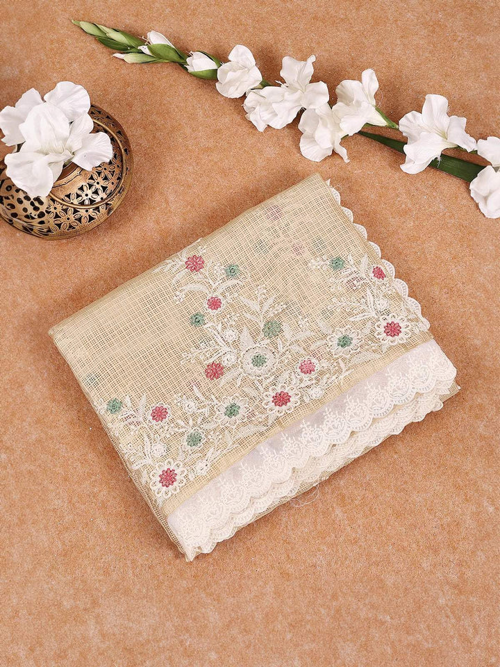 Light Beige Tissue Banarasi Saree with Chikankari work on the Body and Floral Lace Border - Diadem