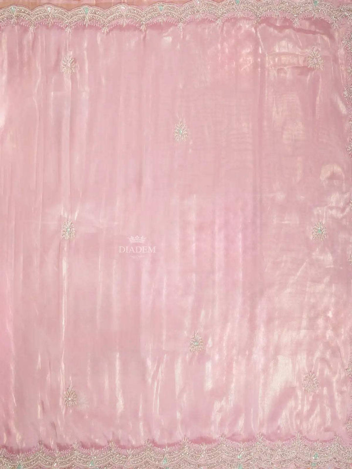 Pink Organza Saree with Floral Embroidery Design on the Body and with Scalloped Border - Diadem