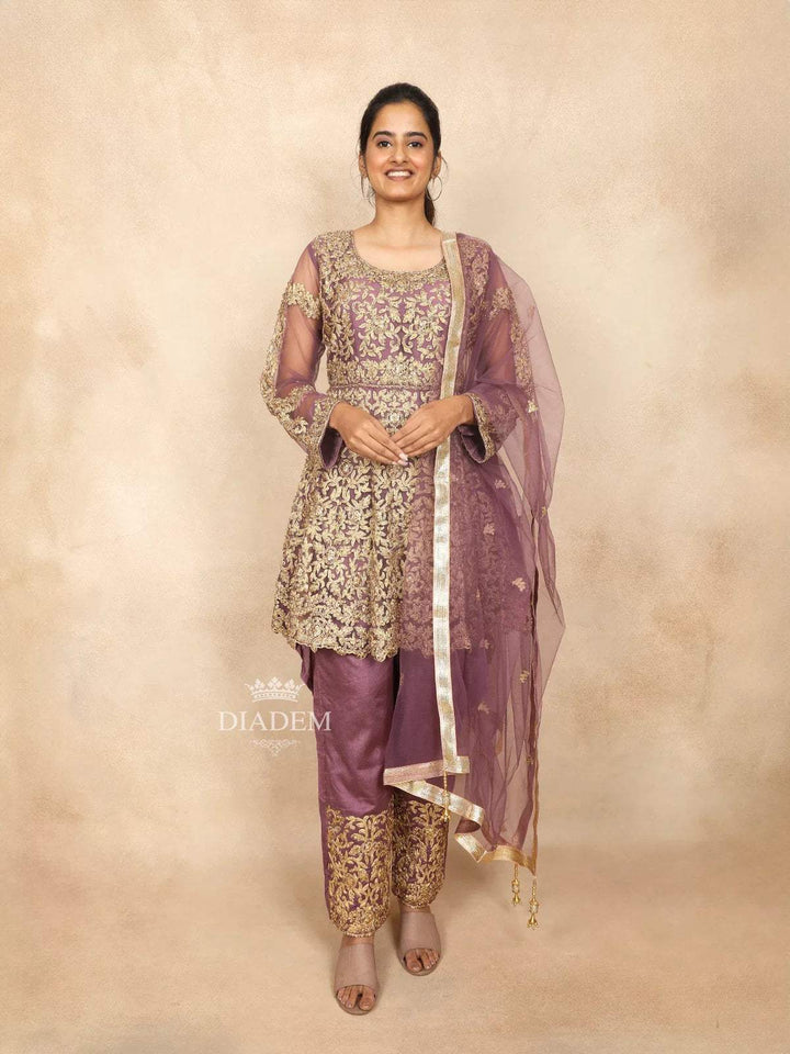 Light Purple Indo Western Salwar Suit Adorned with Sequins and Beads Floral Design Paired with Dupatta - Diadem