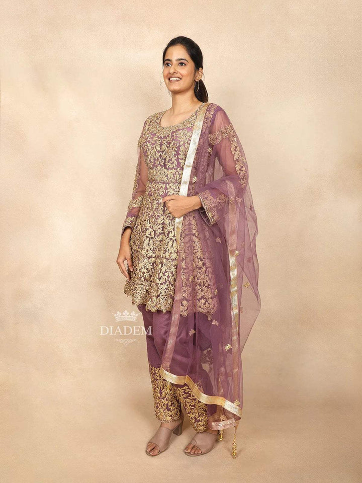 Light Purple Indo Western Salwar Suit Adorned with Sequins and Beads Floral Design Paired with Dupatta - Diadem