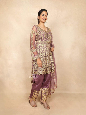 Light Purple Indo Western Salwar Suit Adorned with Sequins and Beads Floral Design Paired with Dupatta - Diadem