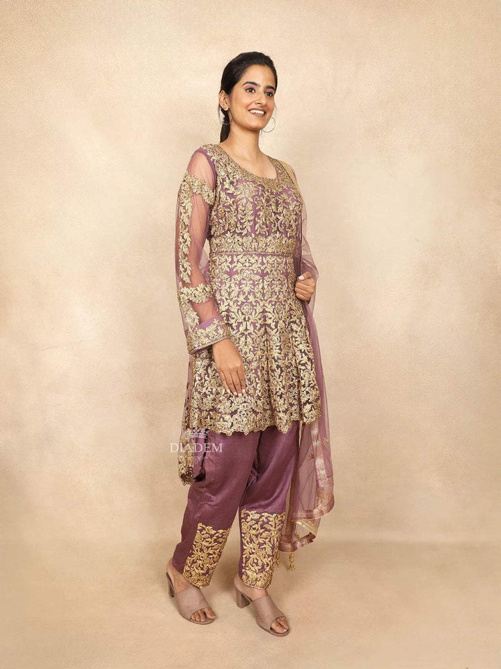 Light Purple Indo Western Salwar Suit Adorned with Sequins and Beads Floral Design Paired with Dupatta - Diadem