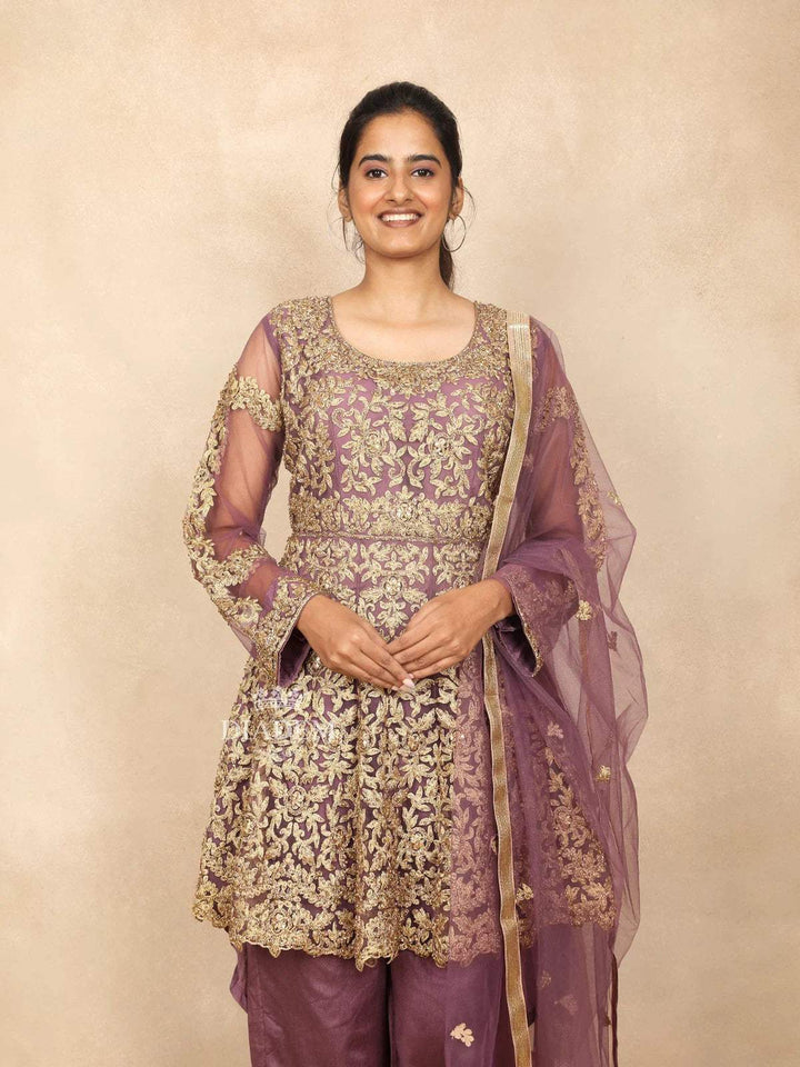 Light Purple Indo Western Salwar Suit Adorned with Sequins and Beads Floral Design Paired with Dupatta - Diadem