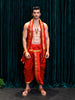 Vermilion Red Traditional Silk Panchagajam Dhoti Set with Contrast Gold Zari Border & Matching Angavastram