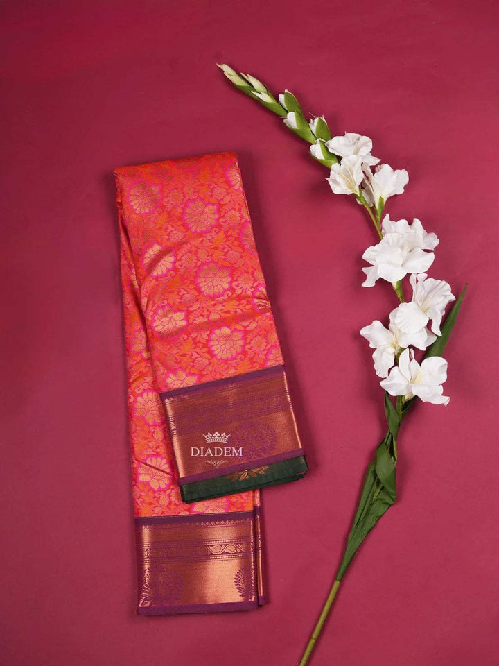 Pink Art Silk Saree with Floral Jacquard on the Body with Contrast Zari Border - Diadem