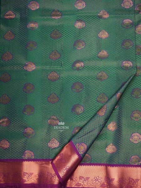 Green Art Silk Saree with Floral Jacquard on the Body with Contrast Zari Border - Diadem