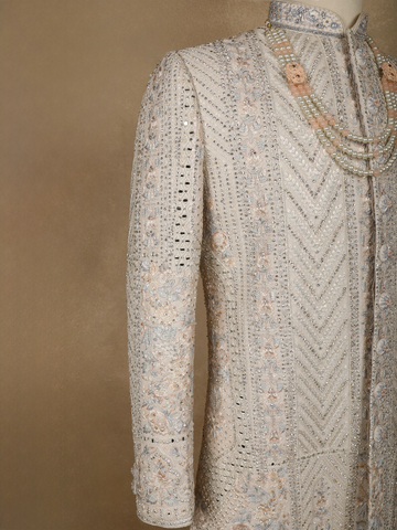 Cream Floral Embroidered Cotton Sherwani Suit - Diadem