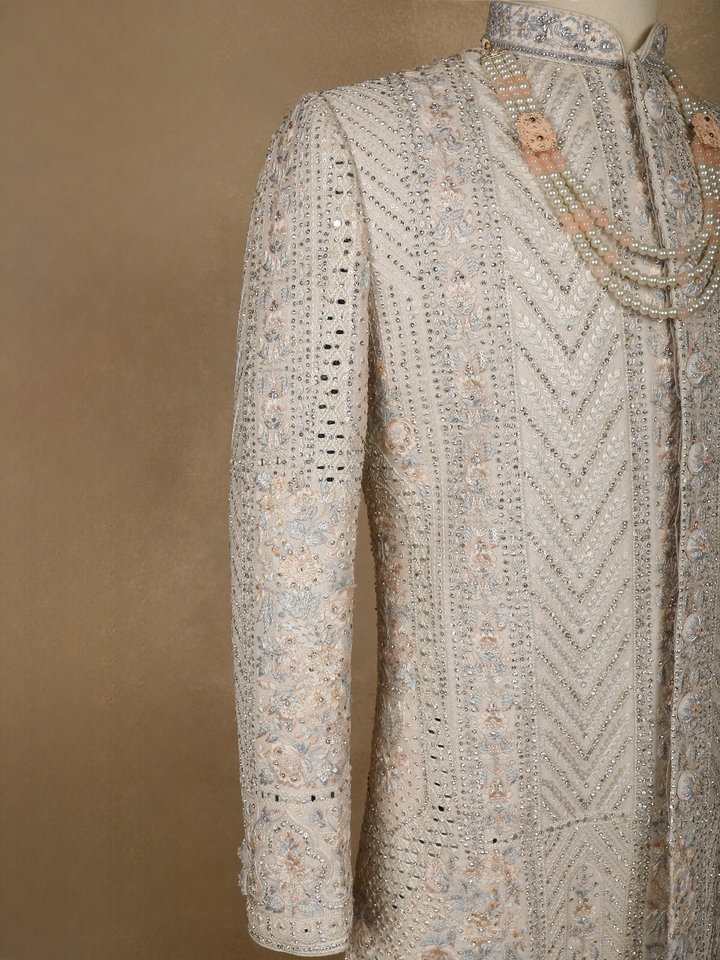Cream Floral Embroidered Cotton Sherwani Suit - Diadem