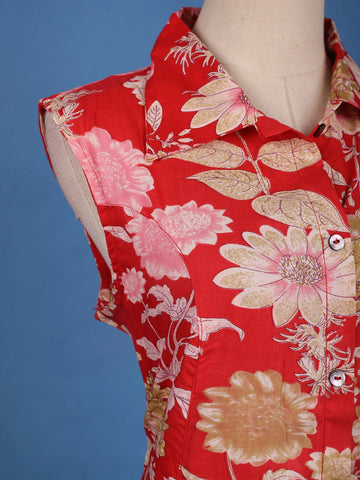 Red Floral Printed Chiffon Kurti - Diadem