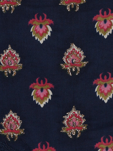 Navy Blue Floral Design Printed Cotton Salwar Suit - Diadem