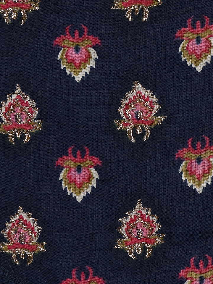 Navy Blue Floral Design Printed Cotton Salwar Suit - Diadem