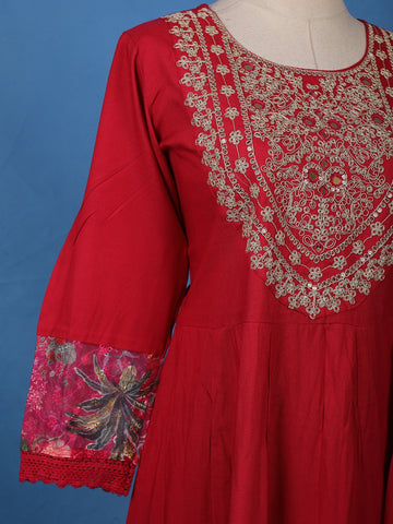 Deep Red Floral Embroidered Cotton Salwar Suit - Diadem