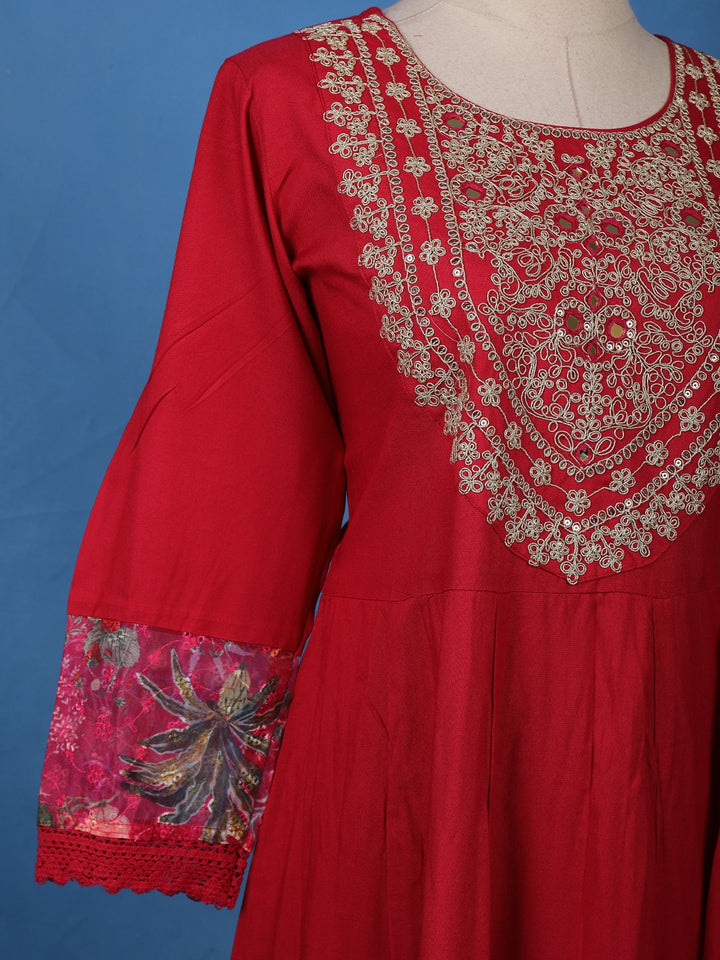 Deep Red Floral Embroidered Cotton Salwar Suit - Diadem
