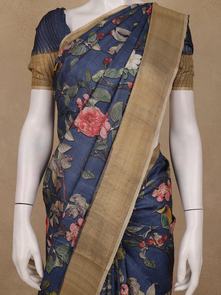 Navy Blue Floral Woven Tussar Silk Saree - Diadem