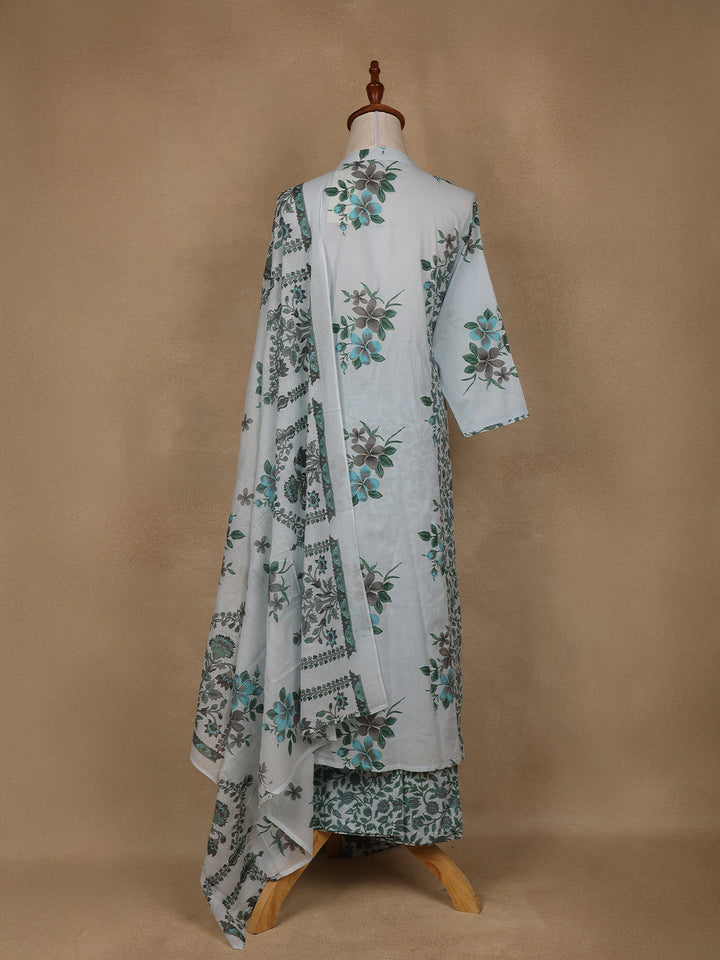 Sky Blue Floral Design Printed Cotton Salwar Suit - Diadem