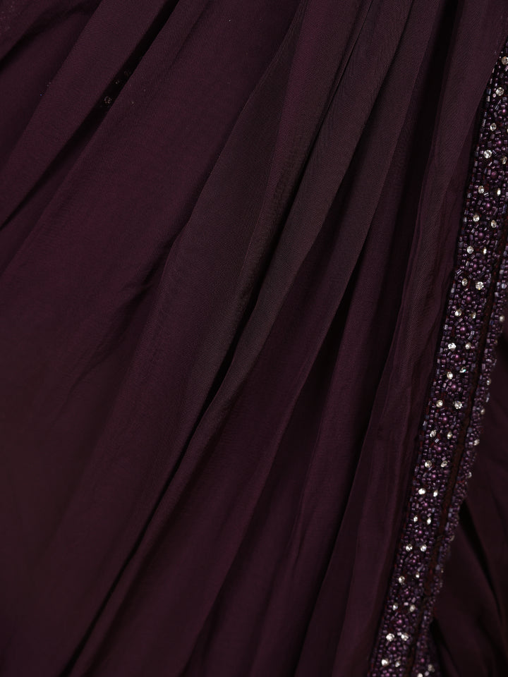 Dark Red Embroidery Crepe Ready To Wear Saree with Designer Blouse - Diadem