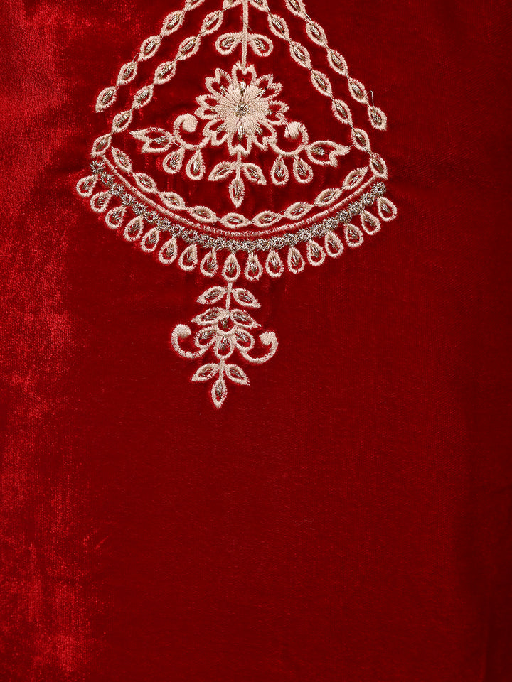Red Floral Designed Velvet Co Ord Salwar Suit - Diadem