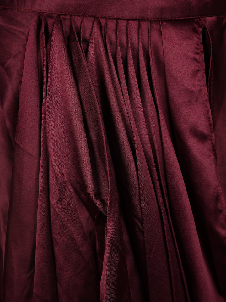 Dark Red Embroidery Satin Ready To Wear Saree with Designer Blouse - Diadem