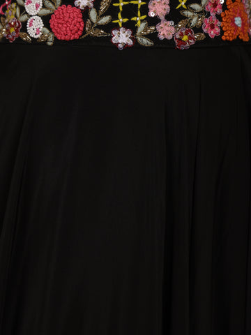Black Floral Embroidered Satin Lehenga - Diadem
