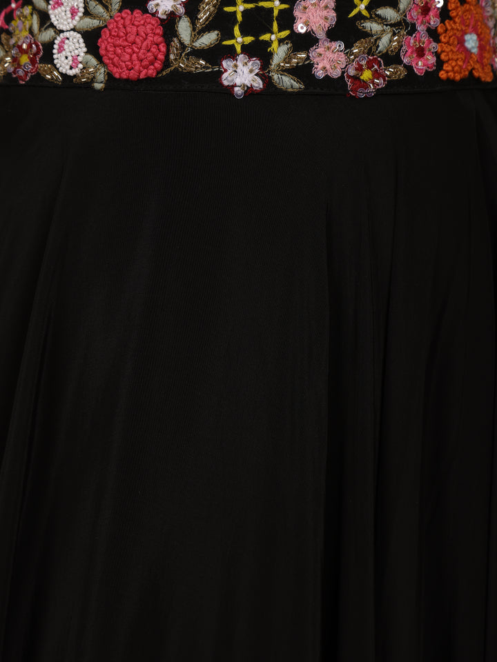 Black Floral Embroidered Satin Lehenga - Diadem