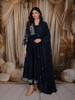 Deep Navy Blue Floral Thread Embroidered Design Cotton Anarkali Salwar Suit with Dupatta