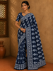 Deep Navy Blue Traditional Motif Printed Design Cotton Casual Wear Saree