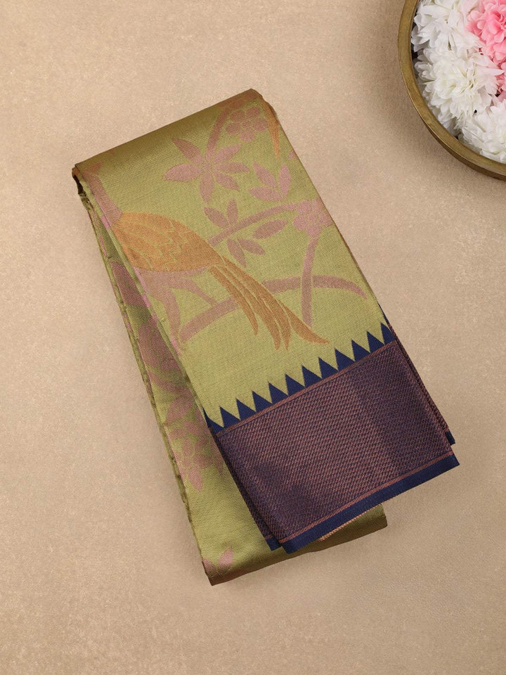 Light Olive Green Floral and Birds Designed Art Silk Saree - Diadem