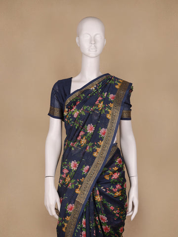 Navy Blue Floral Designed Chanderi Cotton Saree - Diadem