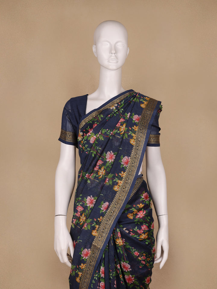 Navy Blue Floral Designed Chanderi Cotton Saree - Diadem