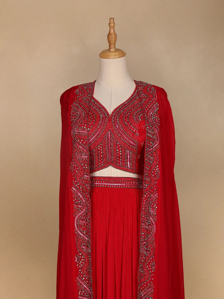 Red Abstract Embroidered Crepe Bridesmaids Lehenga - Diadem