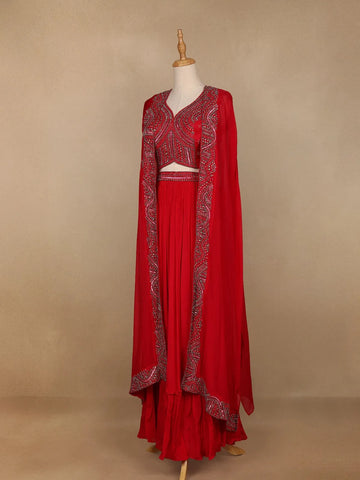 Red Abstract Embroidered Crepe Bridesmaids Lehenga - Diadem