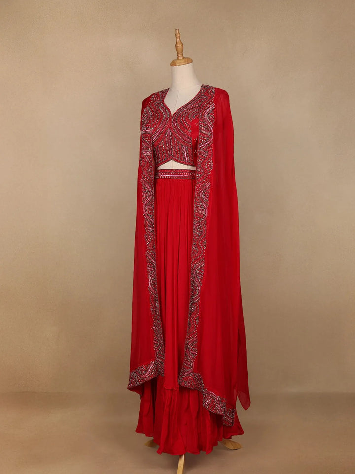 Red Abstract Embroidered Crepe Bridesmaids Lehenga - Diadem