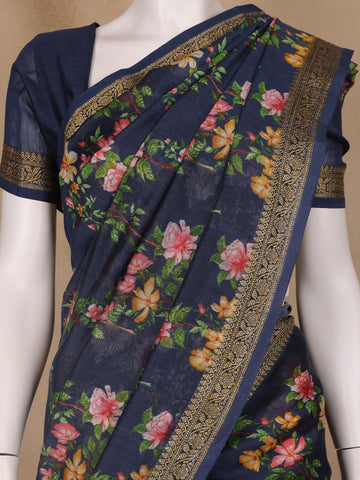 Navy Blue Floral Designed Chanderi Cotton Saree - Diadem