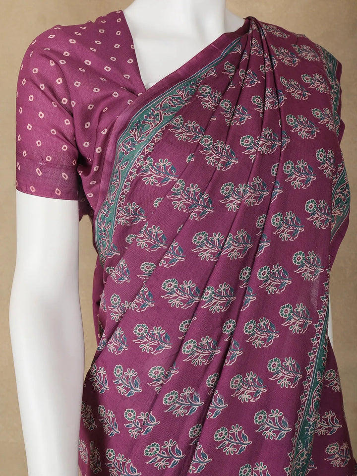 Purple Floral Design Cotton Saree - Diadem
