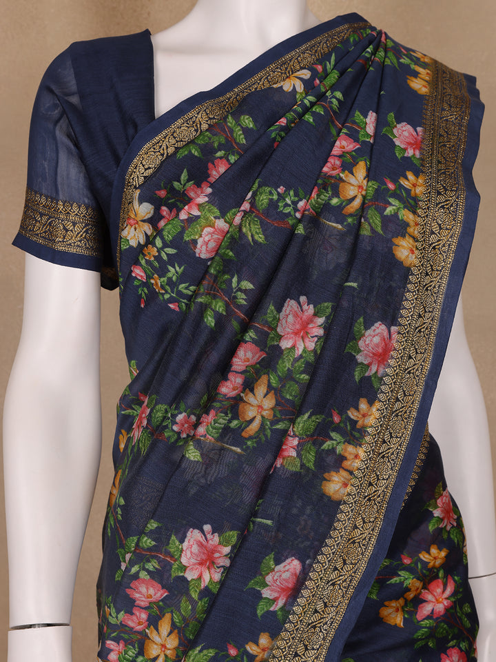 Navy Blue Floral Designed Chanderi Cotton Saree - Diadem
