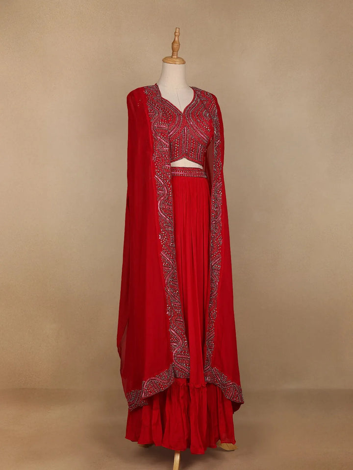 Red Abstract Embroidered Crepe Bridesmaids Lehenga - Diadem