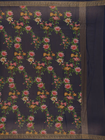 Navy Blue Floral Designed Chanderi Cotton Saree - Diadem