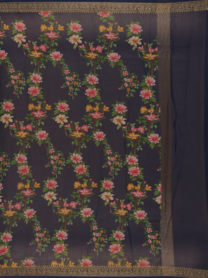 Navy Blue Floral Designed Chanderi Cotton Saree - Diadem