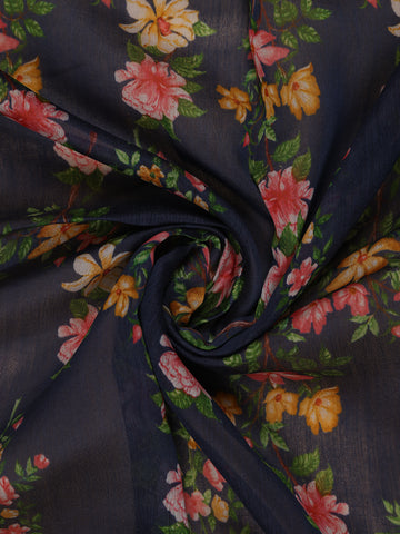 Navy Blue Floral Designed Chanderi Cotton Saree - Diadem