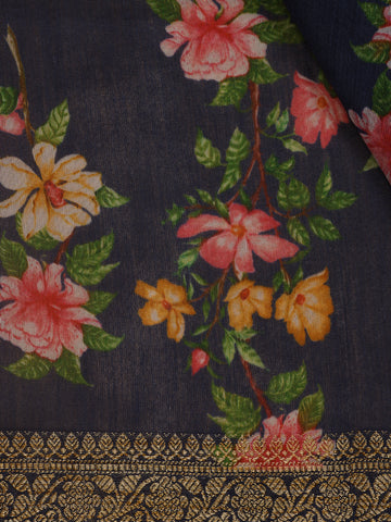 Navy Blue Floral Designed Chanderi Cotton Saree - Diadem