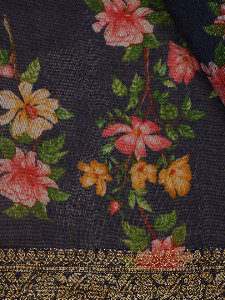 Navy Blue Floral Designed Chanderi Cotton Saree - Diadem